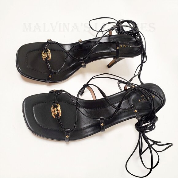 GUCCI SHOES INTERLOCKING G LOGO ANKLE TIE STRAPPY BLACK SANDALS sz 39.5 9.5 - Picture 10 of 15